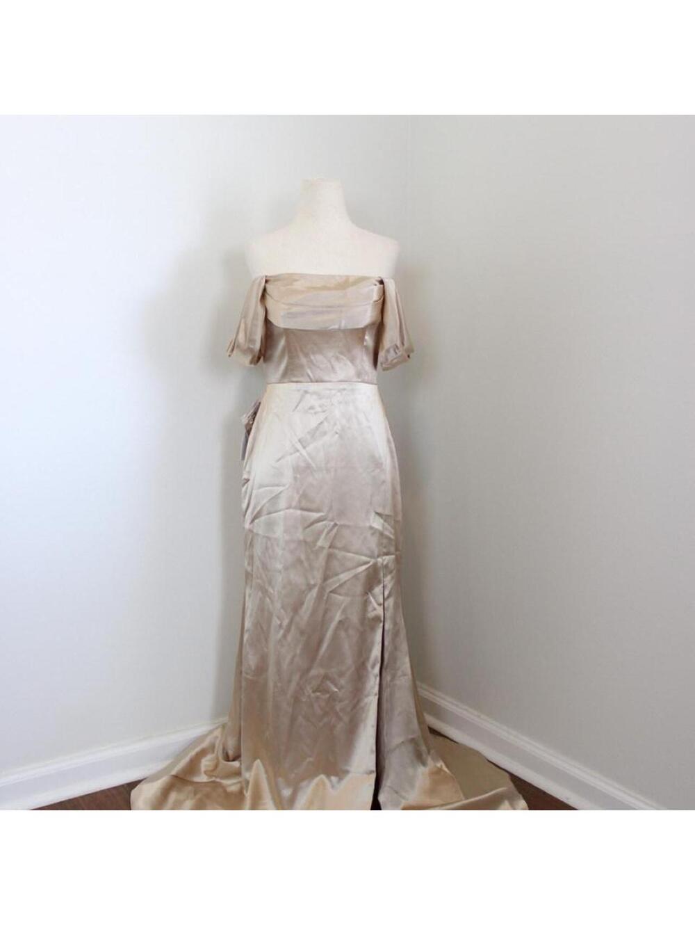 Azazie champagne gold off-the-shoulder satin evening gown. Size A6